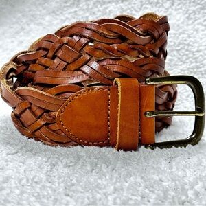 Linea Pelle Vintage Woven Pattern Leather Wide Belt  Boho Festival Belt Brass M